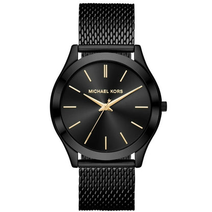 Sleek black watch with gold hour markers, black mesh band, and minimalist design.
