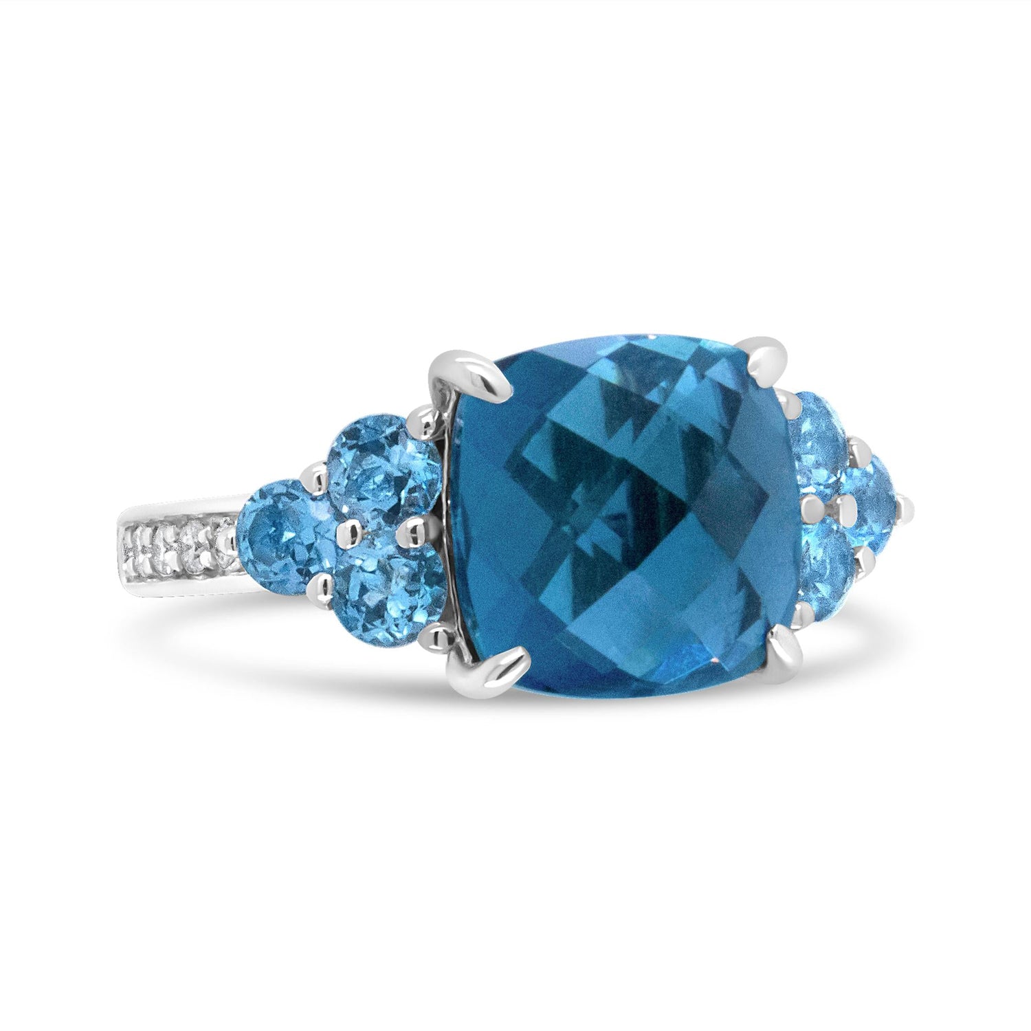 Silver ring with a large blue square gemstone, flanked by smaller round blue stones.