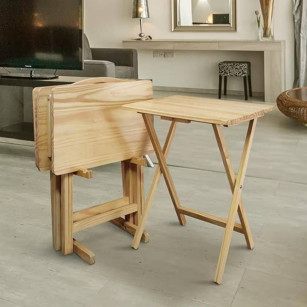 Set of 4 - Solid Wood Folding TV Tray Table Set with Stand in Natural Finish-1