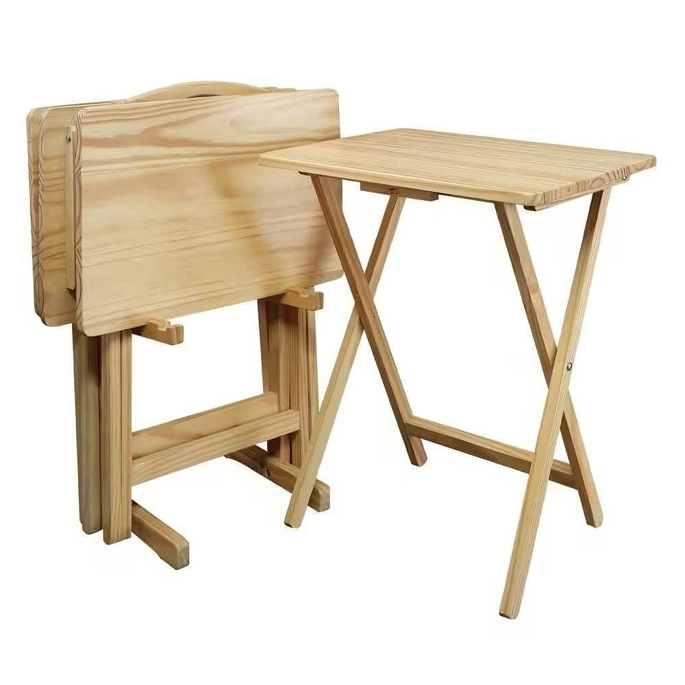 Set of 4 - Solid Wood Folding TV Tray Table Set with Stand in Natural Finish-2