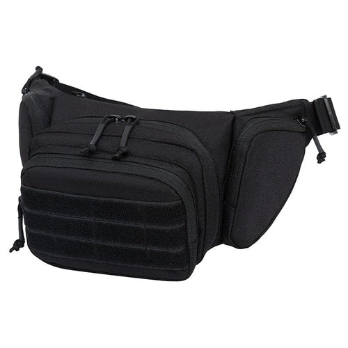 Black tactical waist bag with multiple zippered compartments and adjustable strap.