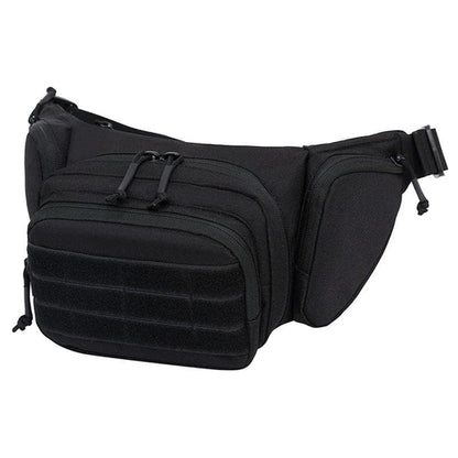 Black tactical waist bag with multiple zippered compartments and adjustable strap.