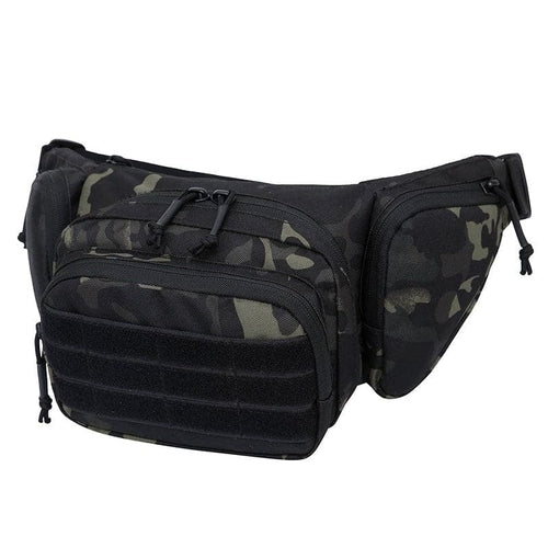 Camouflage waist bag with multiple zippered compartments and black molle panel on the front.