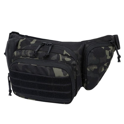 Camouflage waist bag with multiple zippered compartments and black molle panel on the front.
