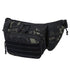 Camouflage waist bag with multiple zippered compartments and black molle panel on the front.
