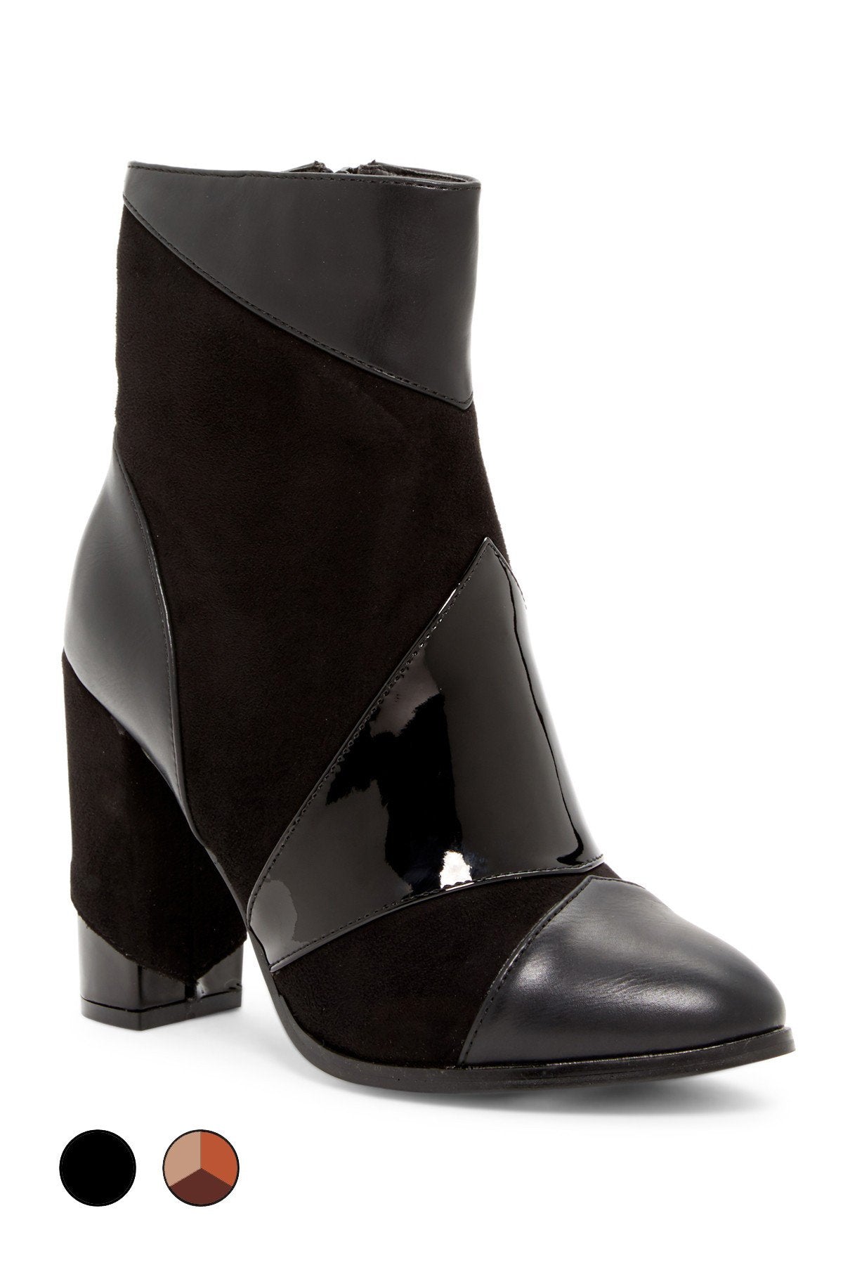 Black ankle boot with glossy and matte sections, block heel, and pointed toe.