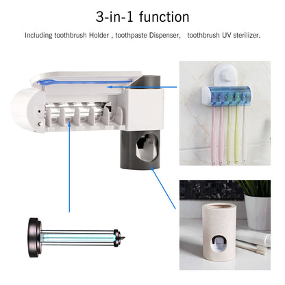 3-in-1 dental device with holder, UV sterilizer, dispenser; includes toothbrushes.