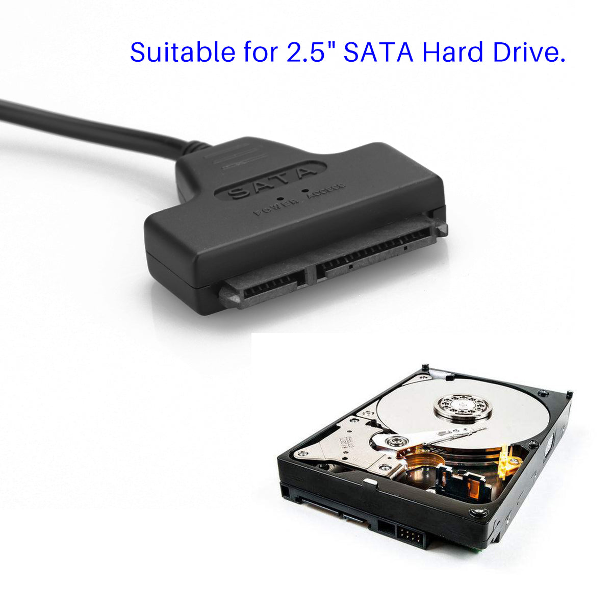 Black SATA connector and 2.5" hard drive on white background with blue text above.