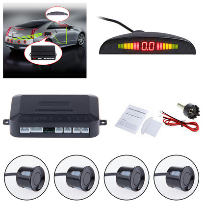 Car parking sensor system with LED display, control box, sensors, and wiring components.