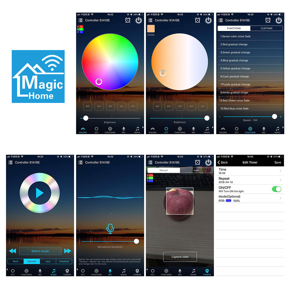App interface with color wheel, sliders, music, mic, and timer settings; "Magic Home" logo on left.