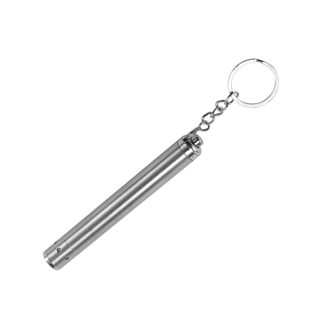 Silver metallic cylindrical flashlight with a keychain ring attached, on a white background.