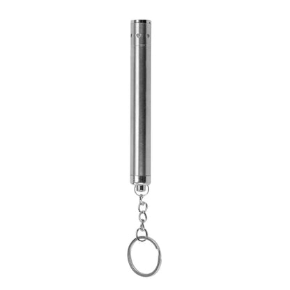 Silver cylindrical keychain with chain and ring; small, sleek design.