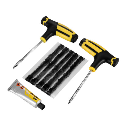 Two yellow and black T-handle tools, a tube of glue, and black strips for tire repair.