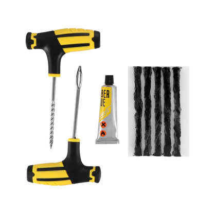 Yellow and black T-handled tools, glue tube, and black repair strips on white background.