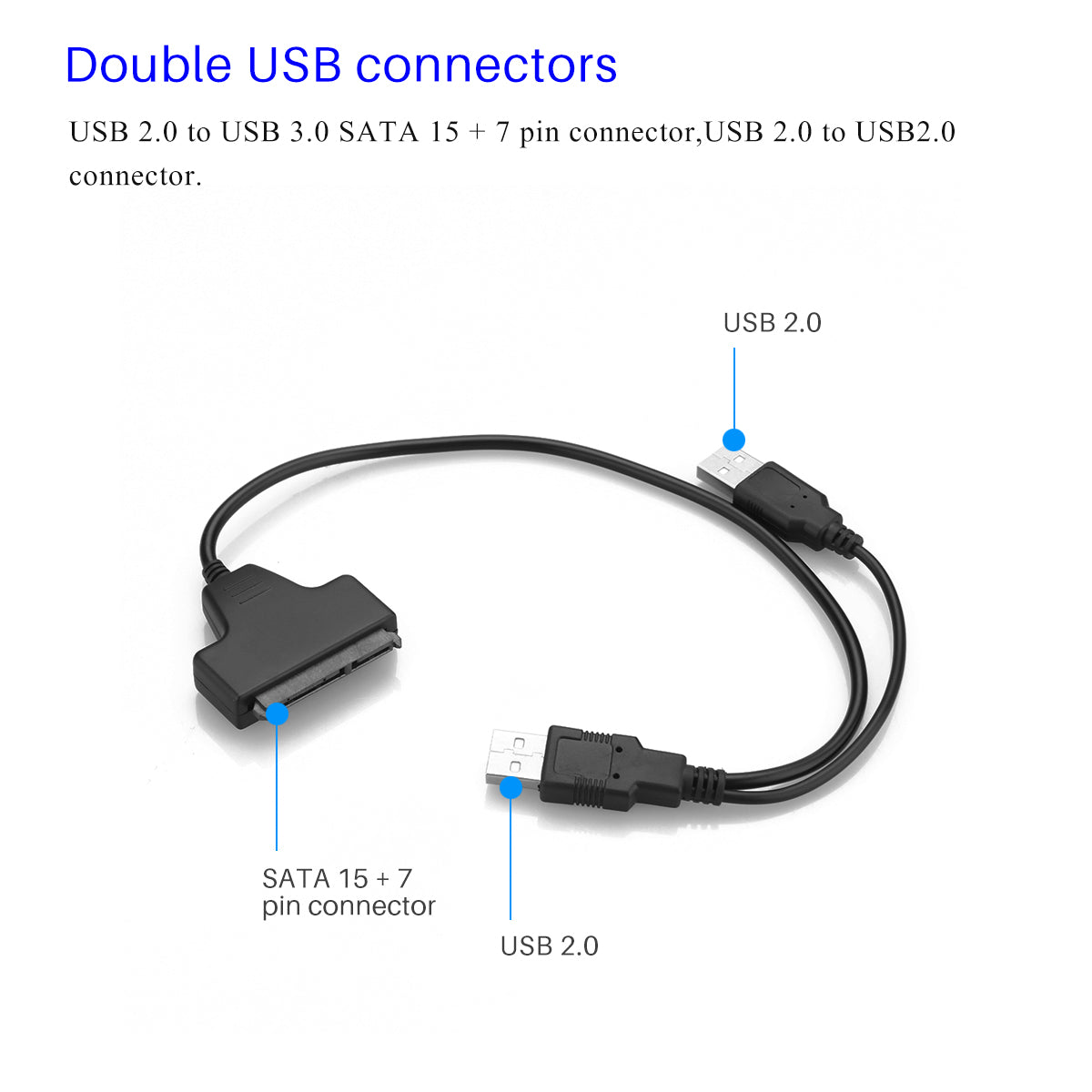 Black SATA to dual USB 2.0 cable, labeled connectors on white background.