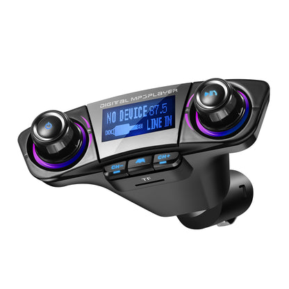 Digital MP3 player with blue LED display and purple-lit knobs showing "No Device" message.