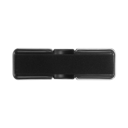 Rectangular black and silver fitness tracker with a textured strap on a white background.