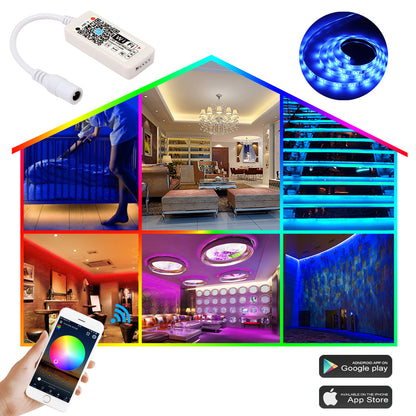 Smart home lighting scenes with colorful LEDs, controlled by an app on a smartphone.