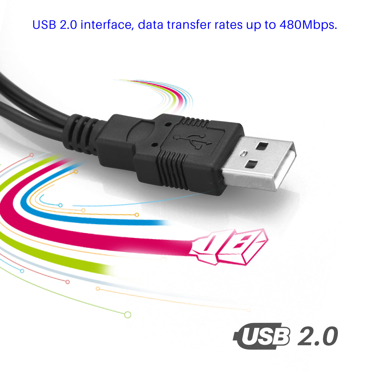 Black USB 2.0 cable on a white background with colorful lines and "USB 2.0" text.