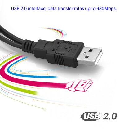 Black USB 2.0 cable on a white background with colorful lines and "USB 2.0" text.