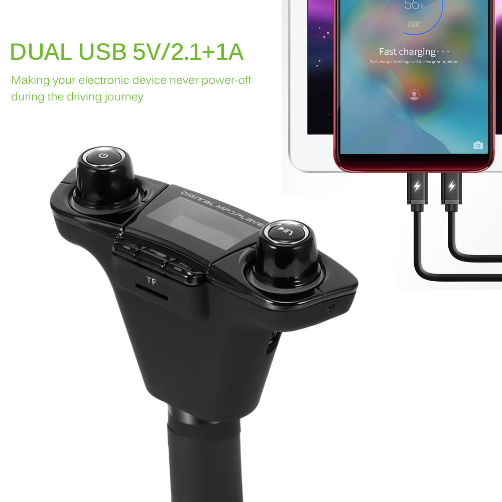 Black dual USB car charger with display and knobs, next to a charging smartphone.