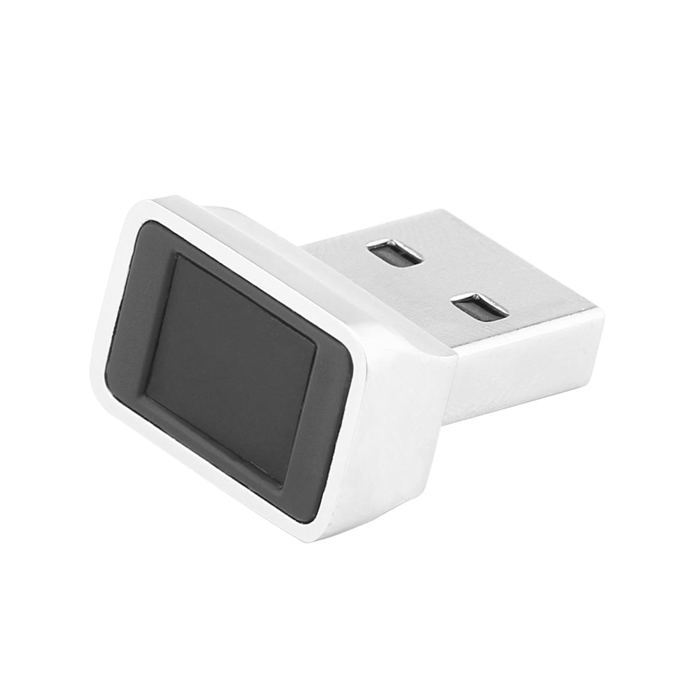 Silver USB fingerprint scanner with a black rectangular sensor on a white background.