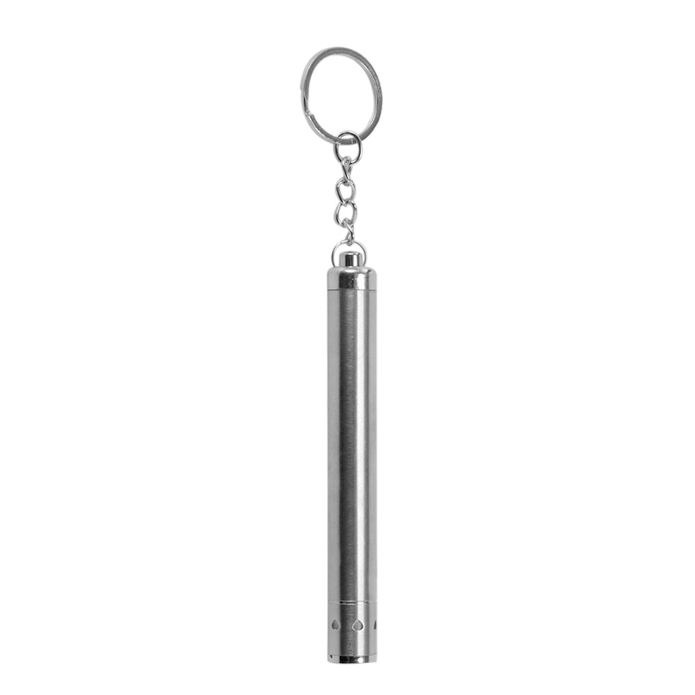 Silver cylindrical keychain laser pointer with a metal ring on a white background.