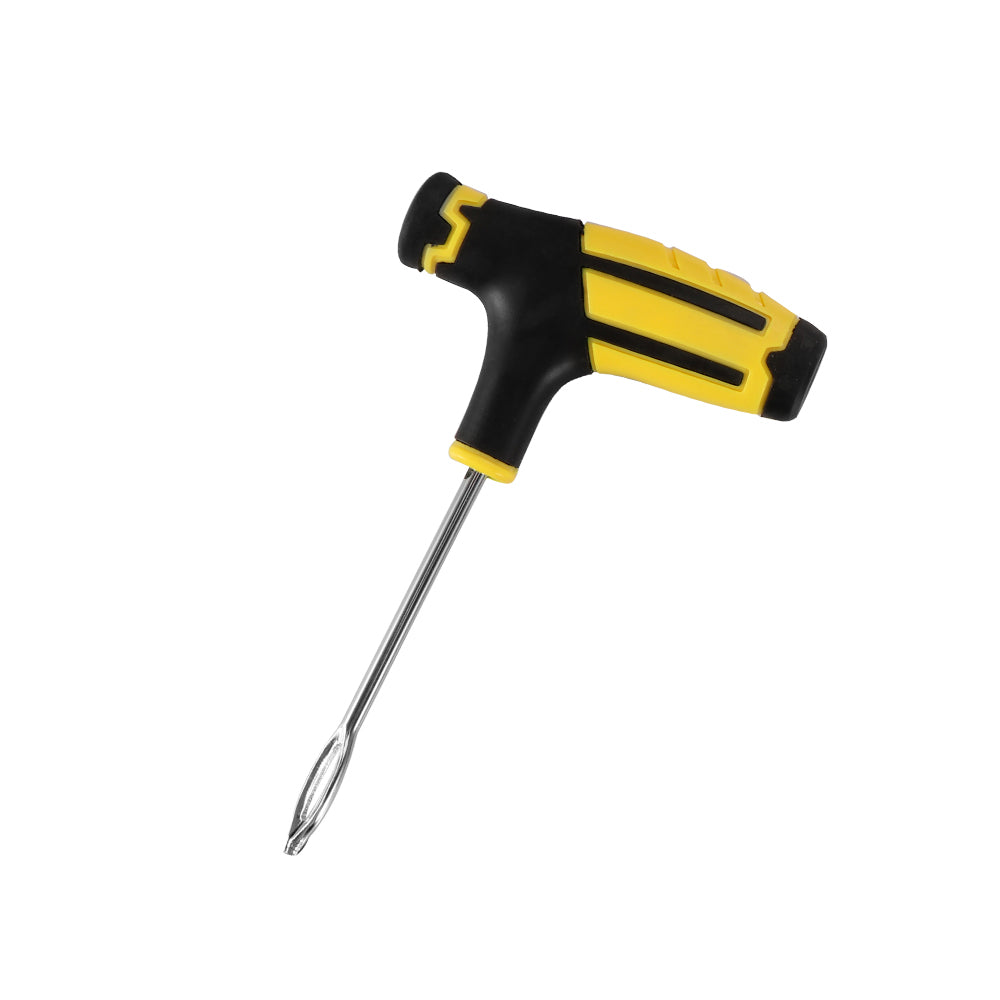 Yellow and black T-handle screwdriver with a metal shaft on a white background.