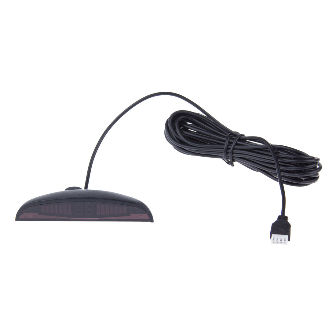 Black electronic sensor with digital display and long cable, coiled neatly on white background.