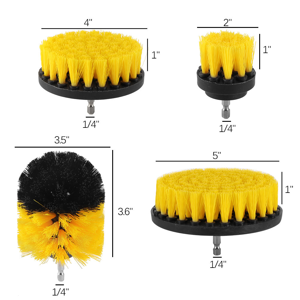 Four drill brush heads in yellow and black, with varying sizes and bristle designs.