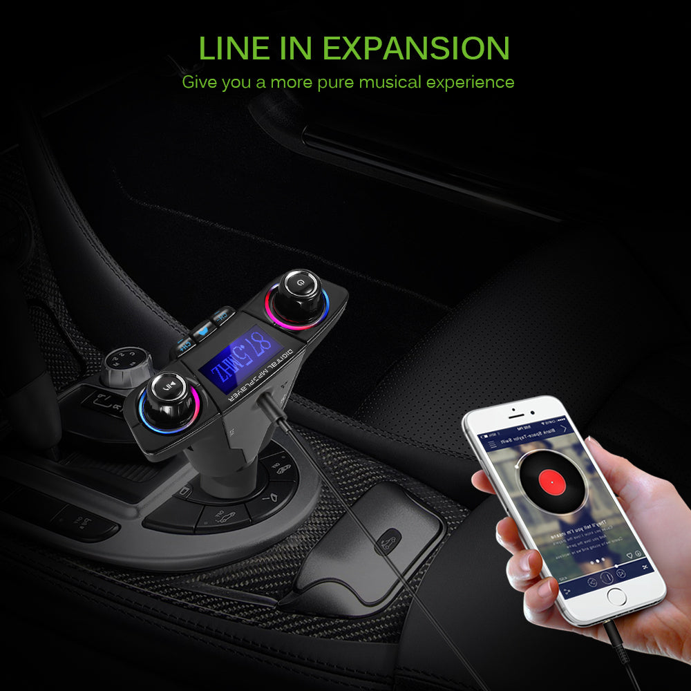 Car console with music controller and glowing dials, connected to a smartphone displaying music app.