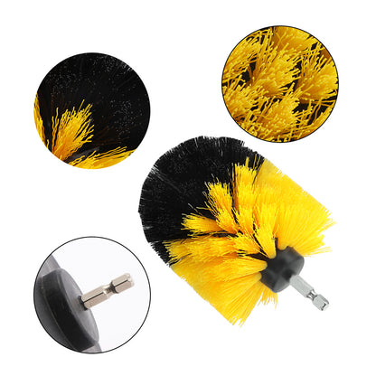 Yellow and black drill brush head, close-up bristles and metal attachment details shown.