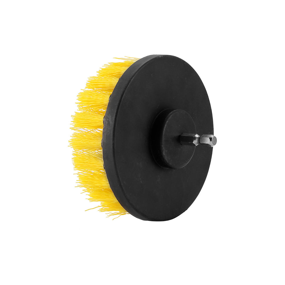 Round yellow bristle brush with a black base and metal attachment, side view.