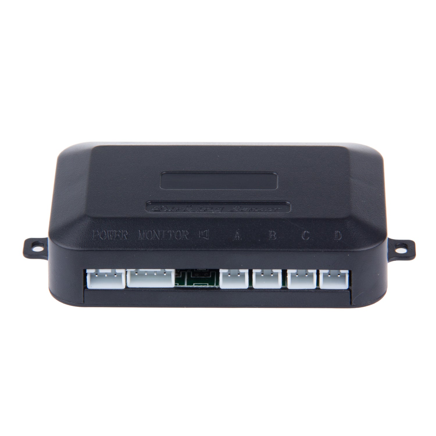 Black rectangular electronic device with multiple white ports labeled Power, Monitor, A, B, C, D.