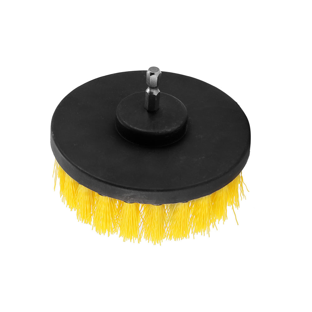 Black circular drill brush with bright yellow bristles and a metal hexagonal attachment.