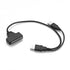 Black USB to SATA cable with dual USB connectors, on a white background.
