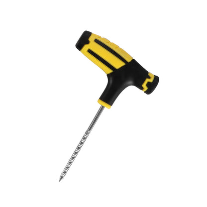 Black and yellow T-handle tool with a metal twisted auger drill bit.