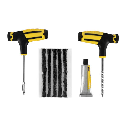 Two yellow and black T-handle tools, black repair strips, and a silver tube of adhesive.