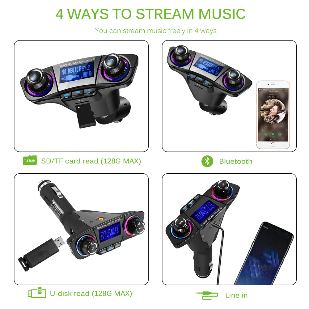 Car audio device with blue display, dual knobs, and 4 streaming modes: SD/TF, Bluetooth, USB, AUX.