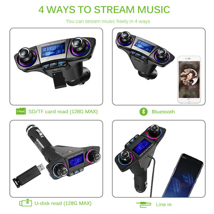 Car audio device with blue display, dual knobs, and 4 streaming modes: SD/TF, Bluetooth, USB, AUX.