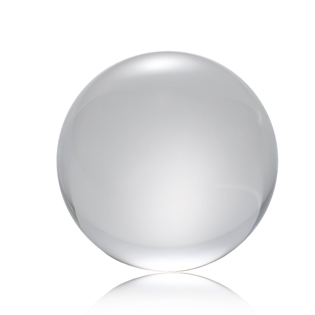 Clear glass sphere with subtle reflections on a white background.