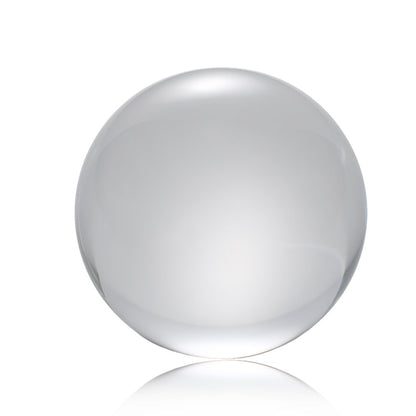 Clear glass sphere with subtle reflections on a white background.