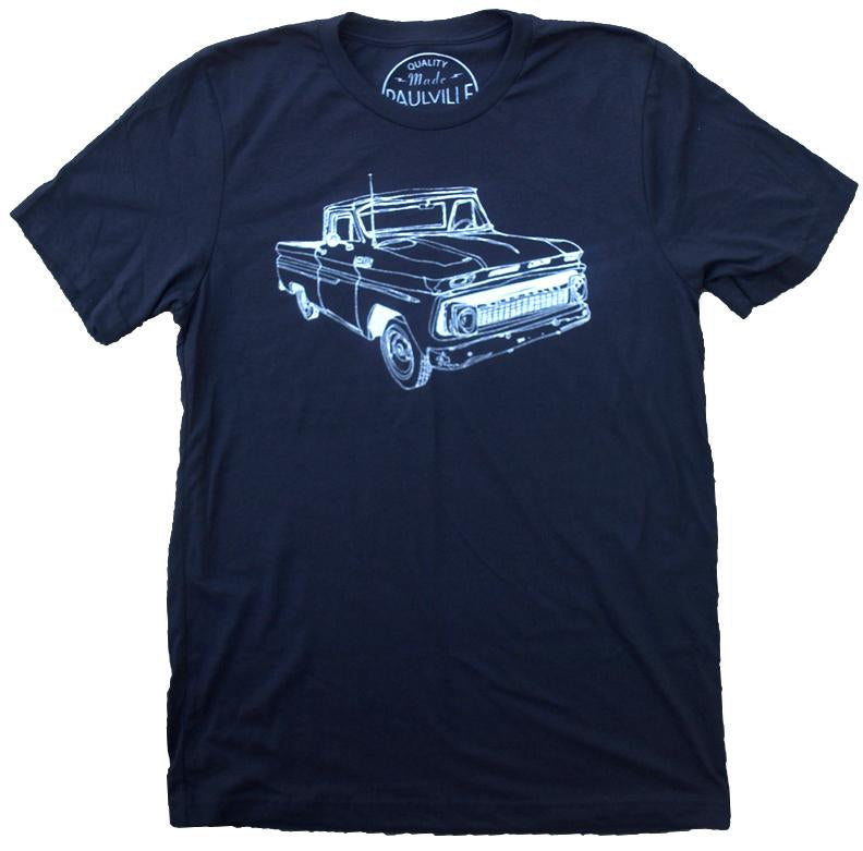 Black t-shirt with white line art of a vintage pickup truck on the front.