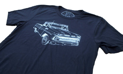 Navy T-shirt with a white outline drawing of a classic car on the front.