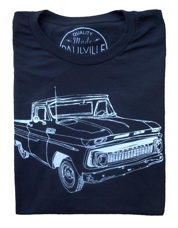 Black t-shirt with a white outline drawing of an old pickup truck on the front.