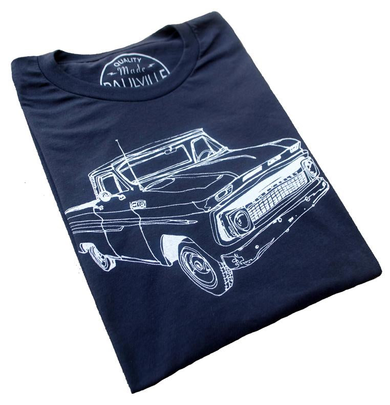 Navy blue T-shirt with a white vintage truck line drawing on the front.