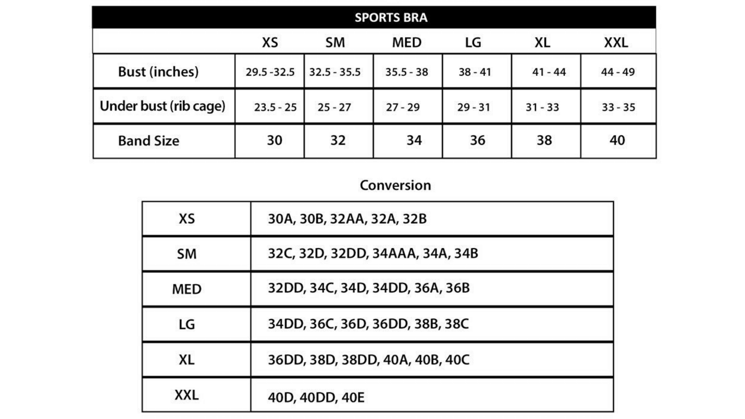 Sports bra size chart with bust, underbust, and conversion tables from XS to XXL.