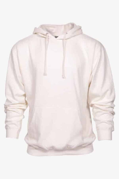 Cream-colored hoodie with a front pocket and drawstrings, displayed on a plain background.