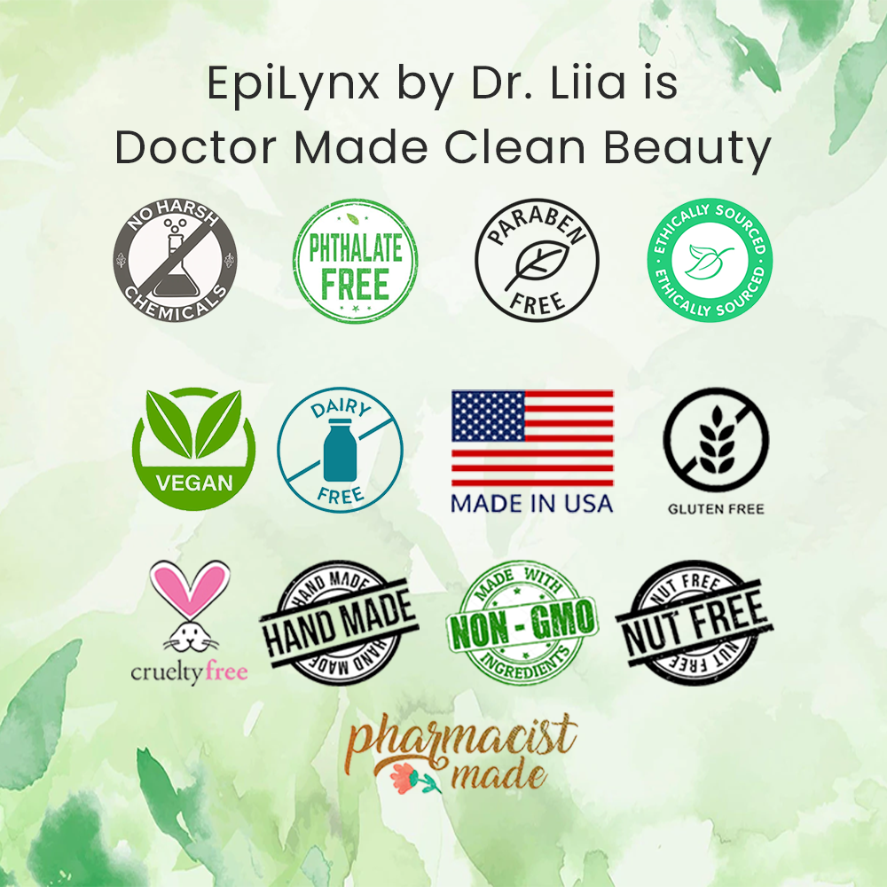 Green watercolor background with eco-friendly product icons: vegan, cruelty-free, USA-made.