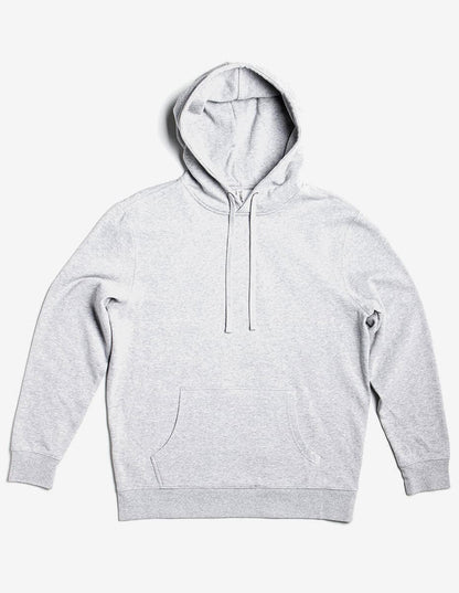 Gray hoodie with front pocket and drawstrings, set against a plain white background.